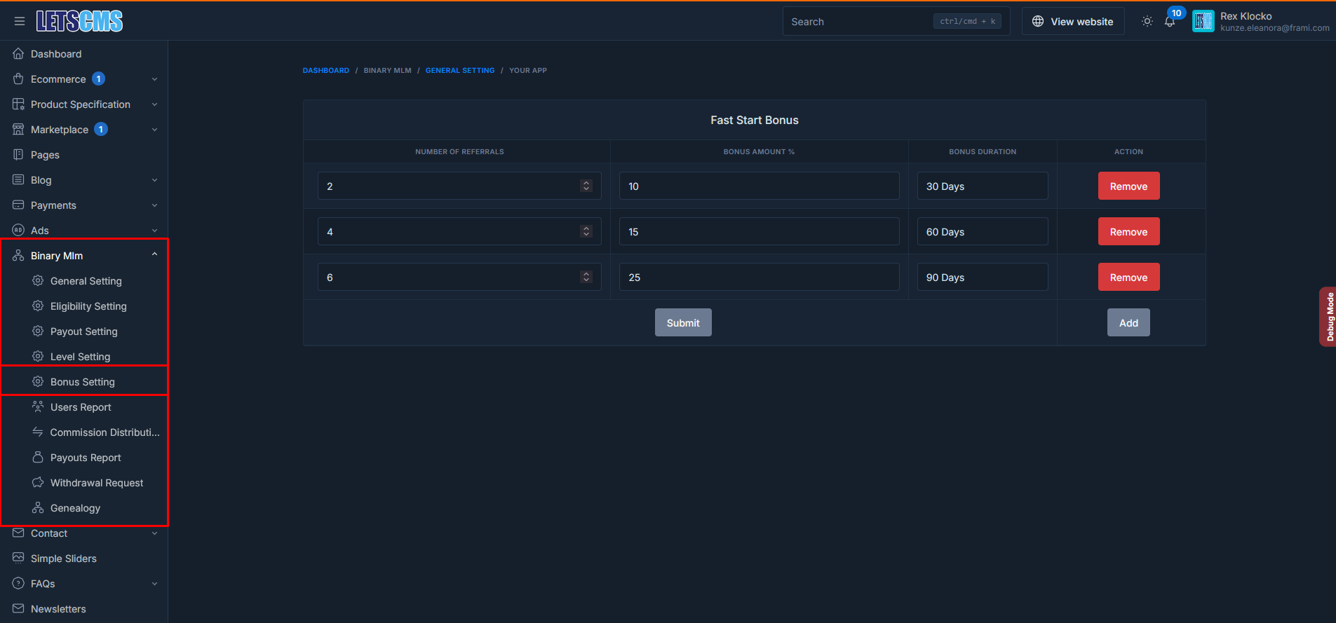 binary mlm bonus Settings