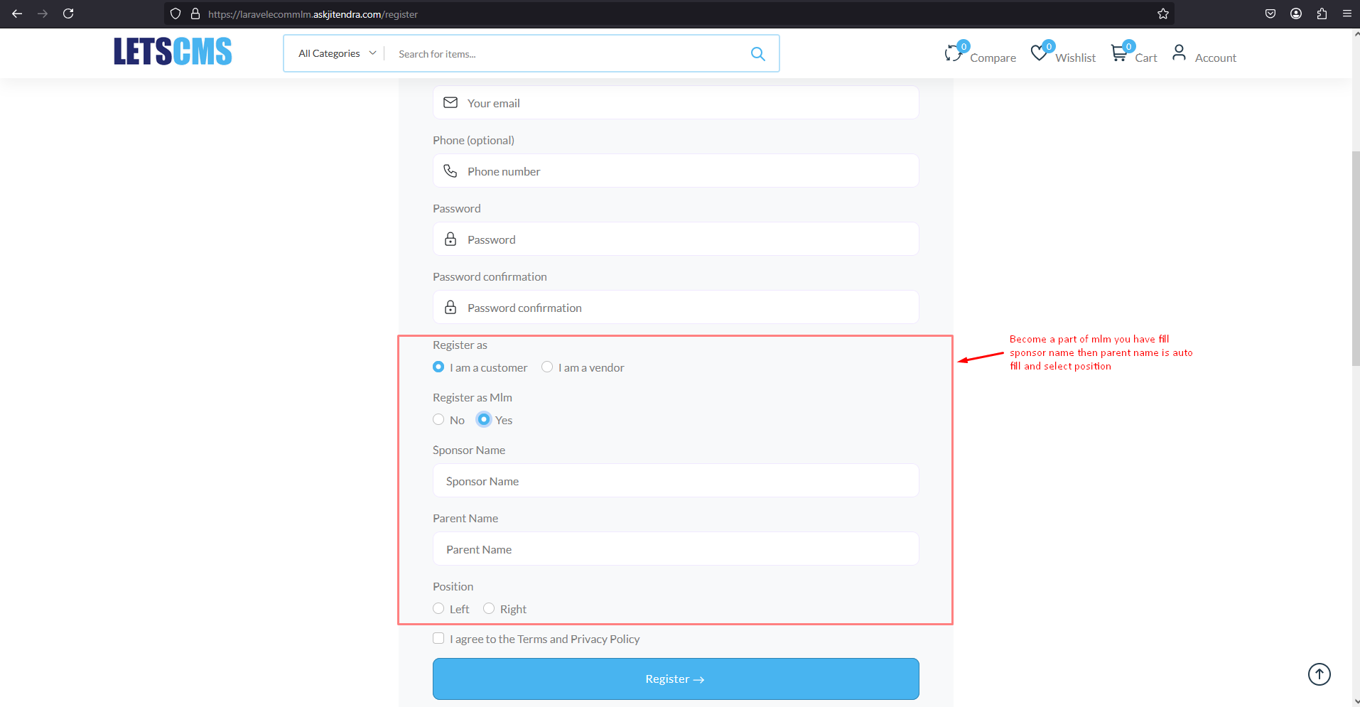 binary mlm User Registration