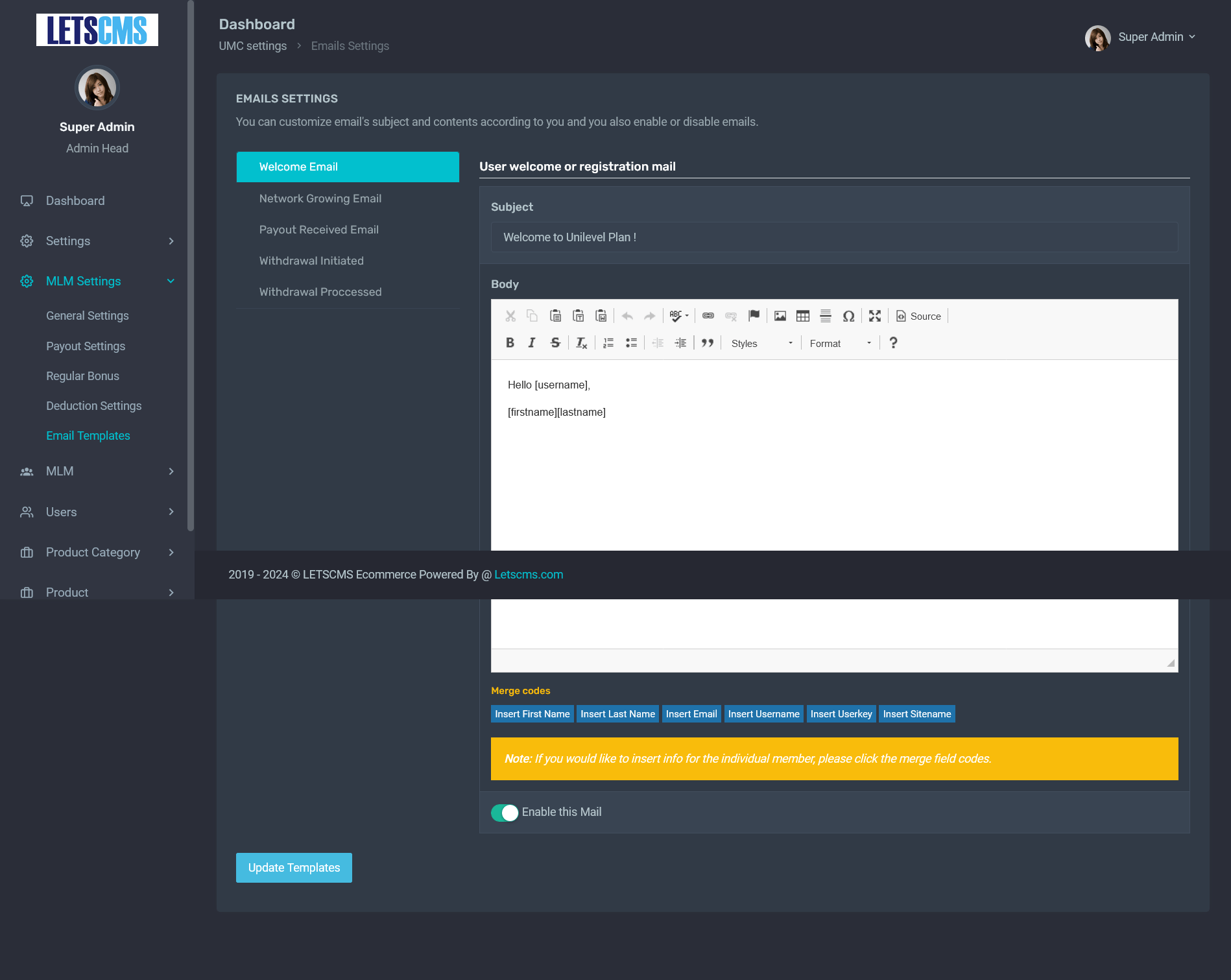 Unilevel mlm Emails Settings