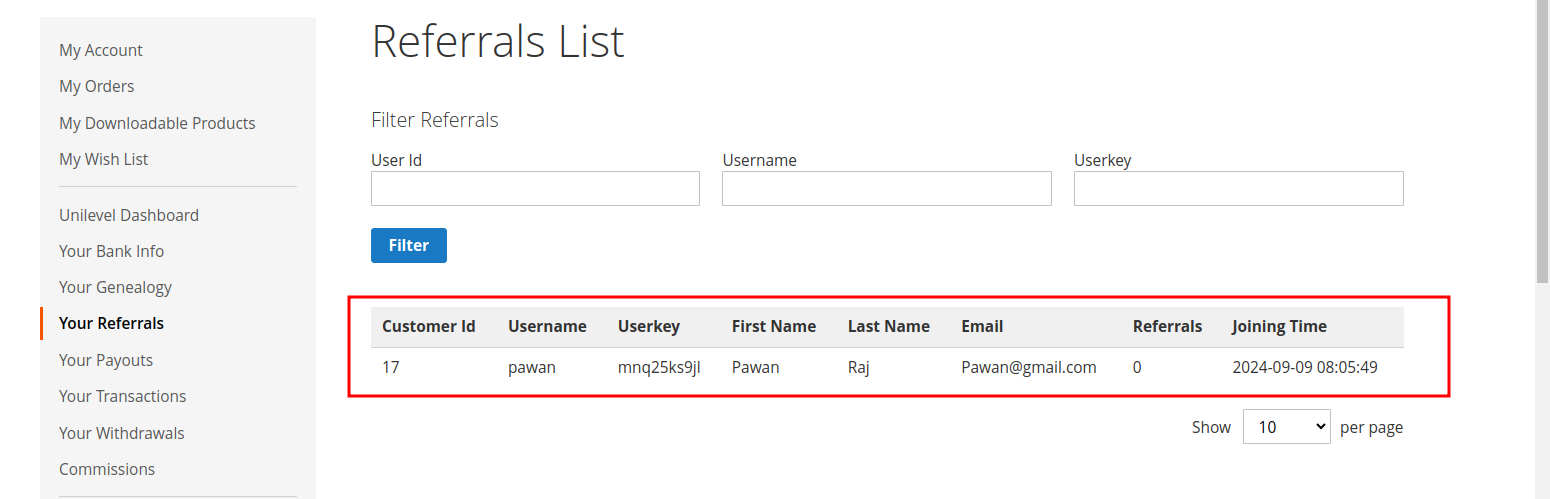 unilevel mlm Unilevel_Dashboard_Referrals