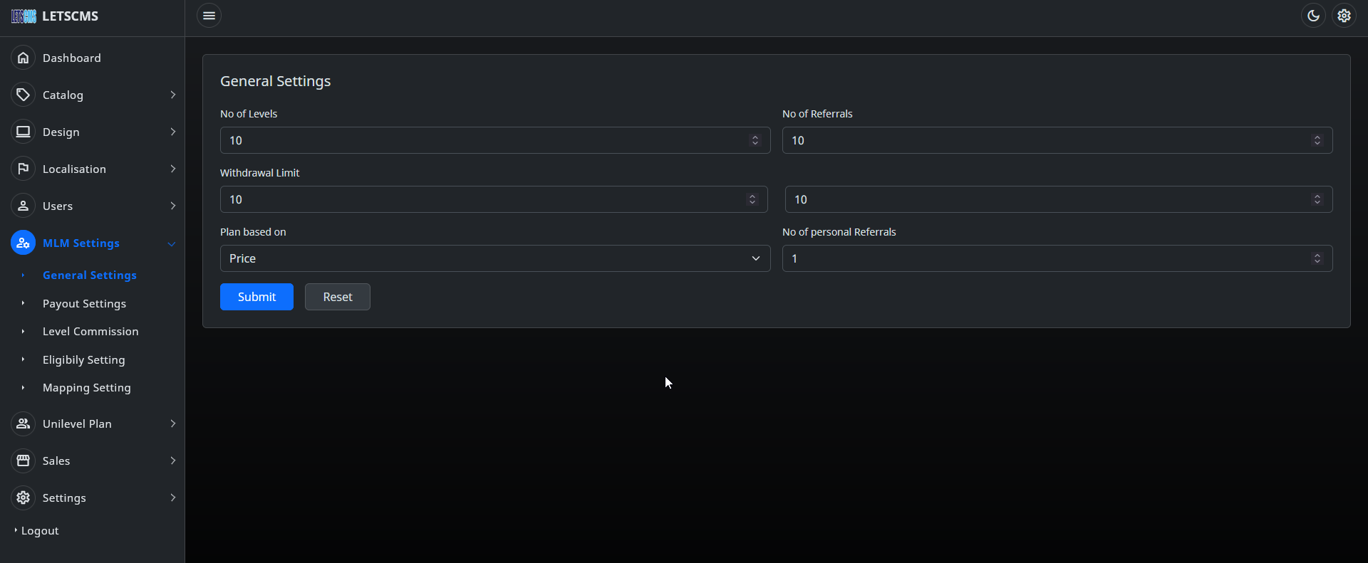 Unilevel mlm GENERAL SETTINGS