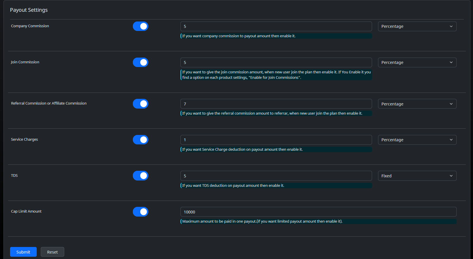 Unilevel mlm Payout SETTINGS