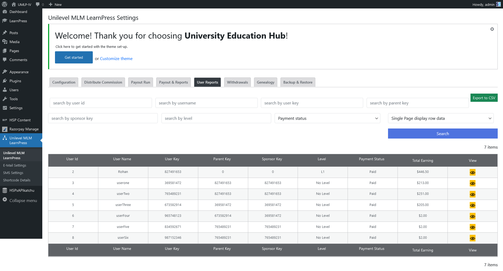 Unilevel MLM User Report for LearnPress