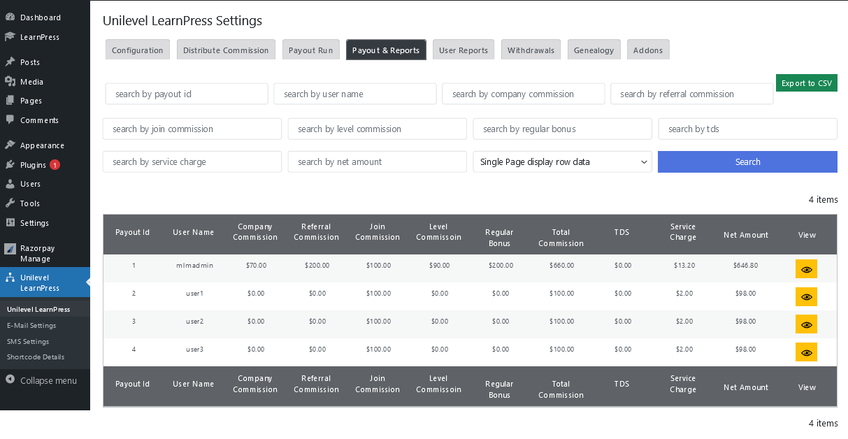 Unilevel MLM Payout Report for LearnPress
