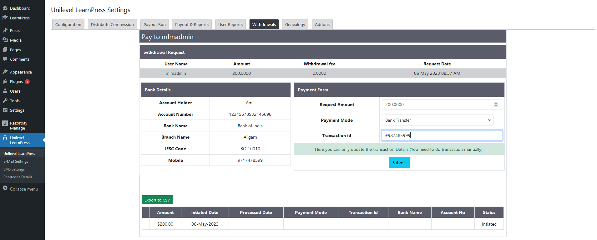 Unilevel Withdrawal Money